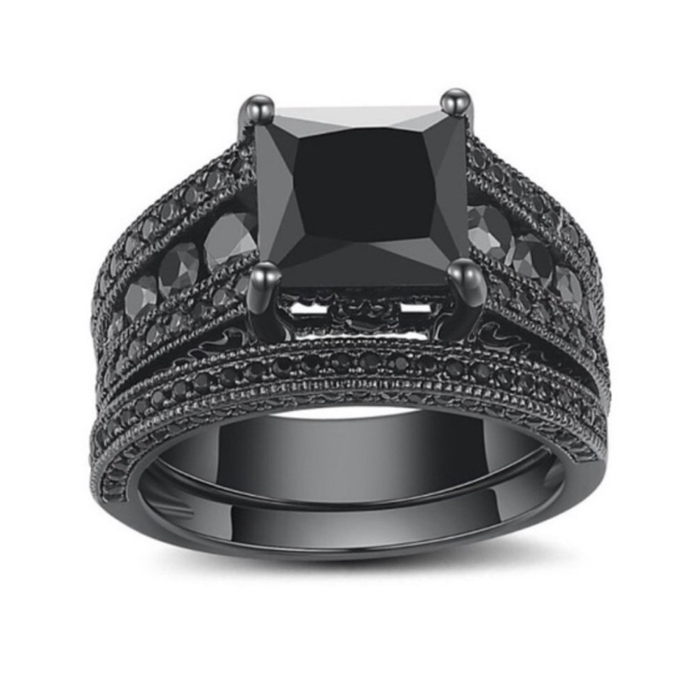 💎 18K BLACK SAPPHIRE DIAMOND STERLING SILVER RING - Picture 5 of 9
